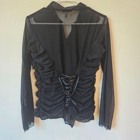 Agentovivo Ruched Black Mesh Button-Up Shirt With Lace-Up corset Back size L - Picture 6 of 7